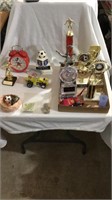 Sports trophies, alarm clock, sprint car, foreign