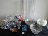 storage shelves, plastic cups, glass bowls,