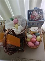 glass eggs, baskets, ceramics and misc