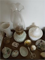 vintage oil lamp, milk glass and misc