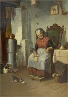 Simony Jensen Painting of Old Woman & Kitten.