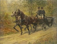 Painting, 2 Men in a Horse-Drawn Carriage, sgd EKW