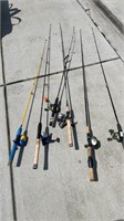 6 fishing poles rods and reels