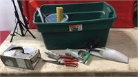Tote night blaster, garden tools, saw misc