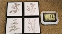 4 Framed Plant Prints & Wall Clock