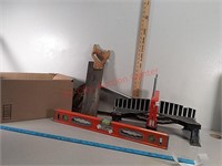 Miter stand, level, saws, hedge clippers