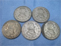 5 Late 1950's-Early 60's Un Peso 10% Silver Coins