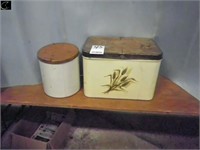 Vintage Hinged Tin Bread Box contains Glass Jar
