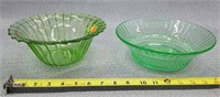 2 Green Bowls- 1 Depression Glass