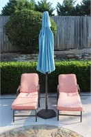 UMBRELLA AND 2 LOUNGE CHAIRS