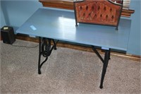 BLUE WOOD TOP TABLE WITH METAL BASE AND