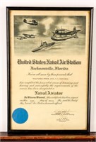 Framed Certificate Naval Aviator WWII