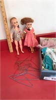 Vintage UNEEDA dolls, extra clothes, hangers in