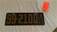 1923 License Plate, 5.5”x15.5”, tin embossed