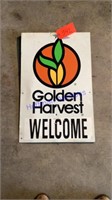 Golden Harvest Welcome Sign, 2 sided tin, 18”x28”
