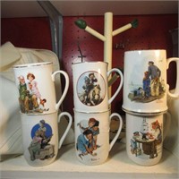 6 Norman Rockwell Mugs & Stand