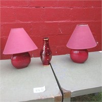 Pair Of Burgandy Lamps with Shades & Vase