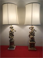 Pair Vintage Brass Cherub Lamps on Marble Base