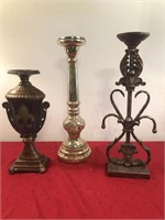 (3) Eclectic Pillar Candle Holders, Tallest 17.5in