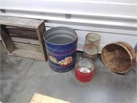Metal Cans, wood box & crate, fish trap