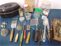 Wood handle utensils,  silverware, jars, roaster