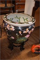 Black Oriental Fish Bowl or Planter on Stand