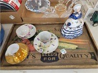 DEC, WOOD TRAY, CHINA TEACUP/SAUCERS & LADT STATUE