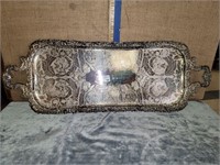 LG. OBLONG ETCHED SILVER TRAY W/ HANDLES