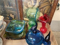 COLORED GLASS CANDY DISH, VASES & BOWLS