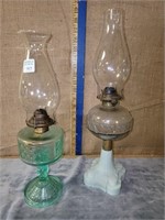 2 VICTORIAN KEROSENE LAMPS- 1 W/ MILK GLASS BASE