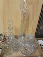 GLASS CANDY DISHES, VASES & DECANTER