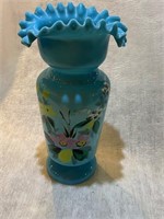 Vintage opaline blue glass vase with flower