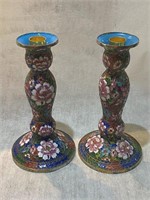 pair of chinese enamel handpainted candle holders