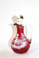 vintage bohemian Mary Gregory cranberry glass ewer