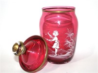 vintage bohemian Mary Gregory style cranberry jar