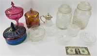 Large box lot of glassware, jars including crystal