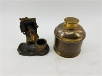 Vintage metal inkwell and a tobacco humidor with s