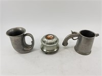 Lot of 3: 2 pewter drinking cups and a lidded ring