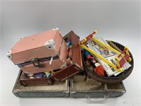 2 Dolls, traveling suitcases, beading loom, assort