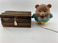 Lot of 2: small wood chest and vintage rolling Fis