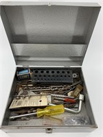 Metal tool box with assorted tools, drill bits, et
