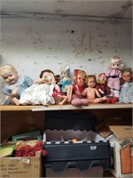 Shelf lot w/ miscellaneous vintage dolls, differen