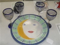 COLLECTIBLE PLATTER AND 4 SWIRL BLUE GLASSES