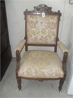 MAHOGANY VICTORIAN UPHOLSTERED ARM CHAIR-REPAIRED