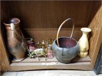 Shelf lot wooden basket, glass vase, brass deer, g