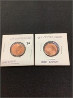 (2) Off Center Lincoln Pennies