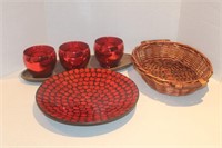 Basket,Tray,Red Bowls & Platter