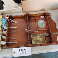 Wood Spoon rack, 10 Sterling spoons, 2 art plaques