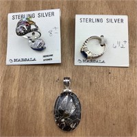 Pair of Sterling Rings & Sterling Stone Pendant