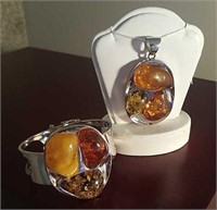 Sterling Amber Bracelet and Pendant 80.9 GTW